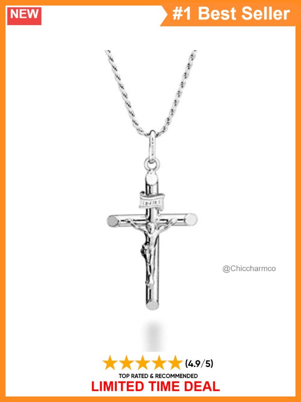 Italian 925 Sterling Silver Crucifix Pendant Necklace Rope Chain 18 In